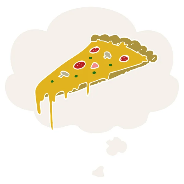 Kreskówka pizzy kawałek i myśl bańka w stylu retro — Wektor stockowy