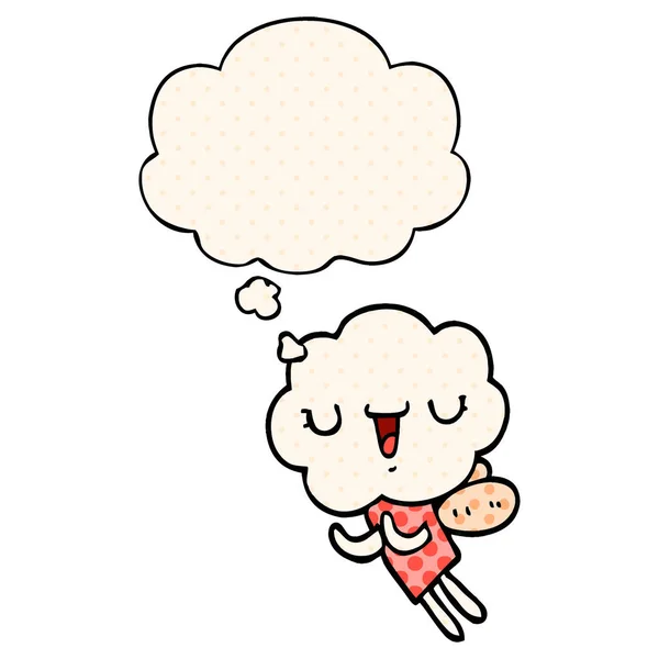 Lindo dibujo animado nube cabeza criatura y pensamiento burbuja en cómic boo — Vector de stock