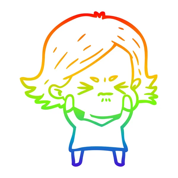 Regenboog gradiënt lijntekening cartoon boze vrouw — Stockvector