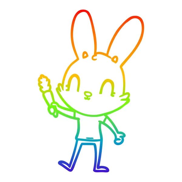 Rainbow gradient line drawing cute cartoon rabbit with carrot — Stock Vector