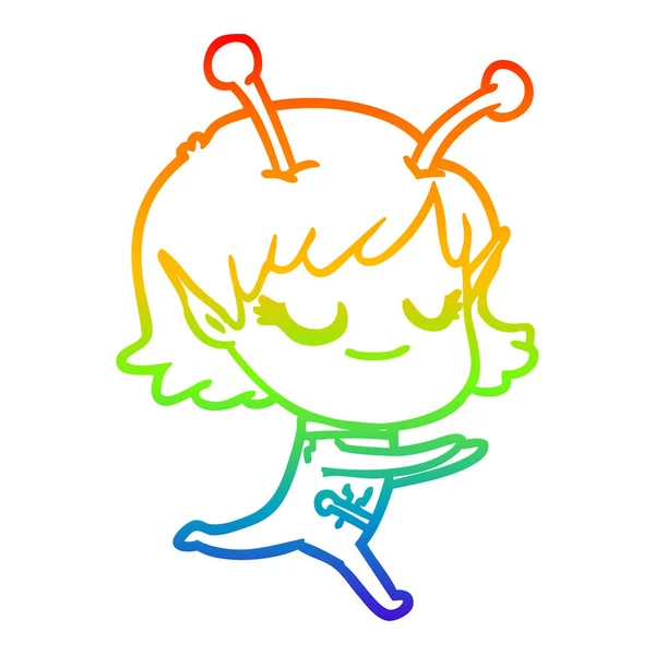 Rainbow gradient ligne dessin sourire alien fille dessin animé en cours d'exécution — Image vectorielle