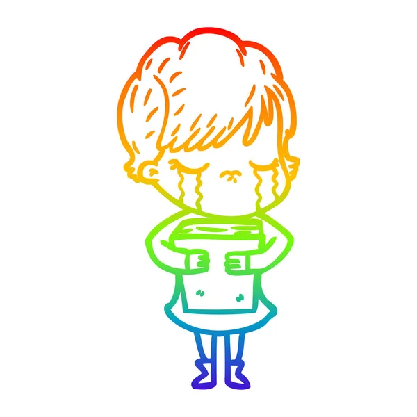 Rainbow gradient line drawing cartoon woman crying — Stock Vector