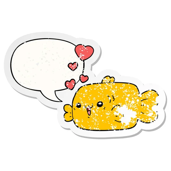 Lindo peces de dibujos animados y el amor corazones y el habla burbuja angustiado s — Vector de stock