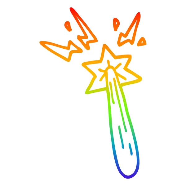 Rainbow gradient line drawing cartoon magic wand — Stock Vector
