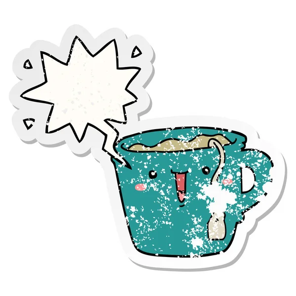 Tasse de café dessin animé mignon et la bulle de la parole autocollant en détresse — Image vectorielle