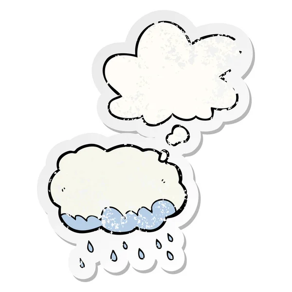 Cartoon rain cloud and thought bubble as a distressed worn stick — Stock Vector