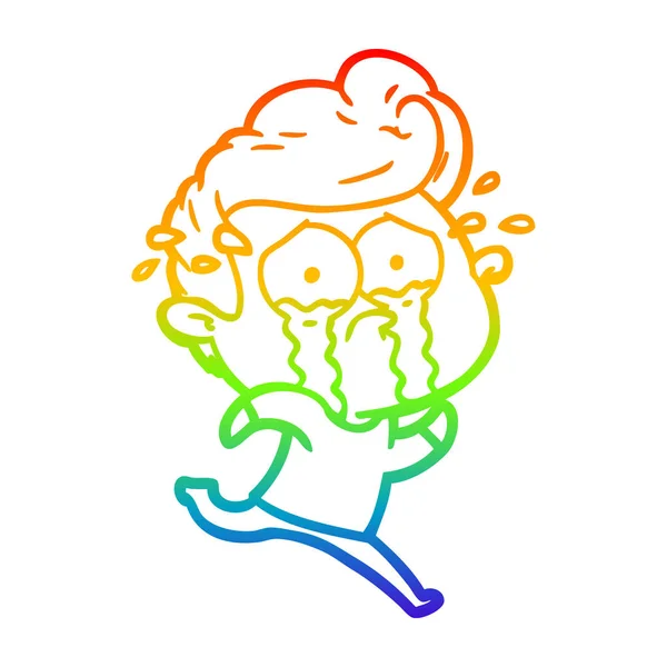 Rainbow gradient line drawing cartoon crying man running — Stock Vector