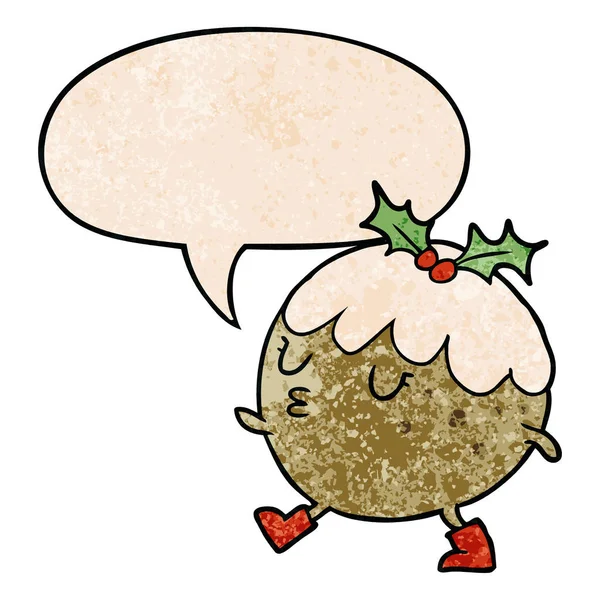 Pudín de Navidad de dibujos animados caminando y burbuja del habla en retro tex — Vector de stock