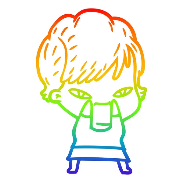 Rainbow gradient ligne dessin dessin animé femme heureuse — Image vectorielle