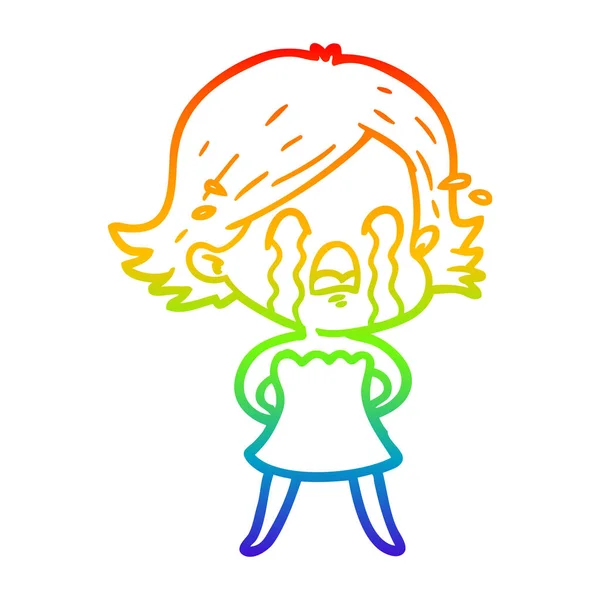 Rainbow gradient line drawing cartoon woman crying — Stock Vector