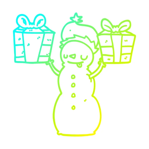 Linha gradiente frio desenho boneco de neve desenhos animados com presente —  Vetores de Stock