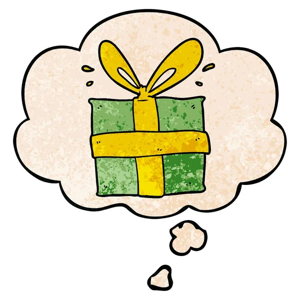 Karikatür sarılmış hediye ve grunge doku patter düşünce balonu — Stok Vektör