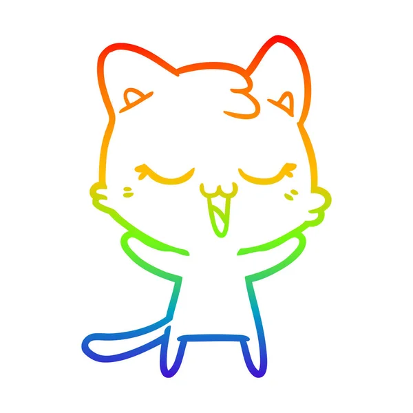 Regenbogen-Gradienten-Linie zeichnet glücklich Cartoon-Katze — Stockvektor