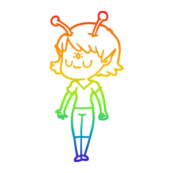 Arco-íris linha gradiente desenho cartoon menina alienígena — Vetor de Stock
