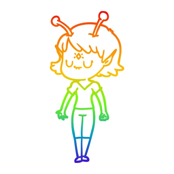 Rainbow gradient ligne dessin dessin animé alien fille — Image vectorielle