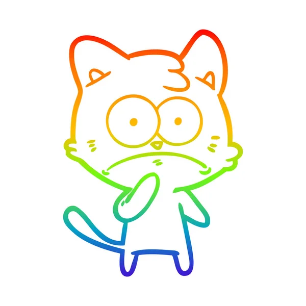 Rainbow gradient line drawing cartoon nervous cat — Stock Vector