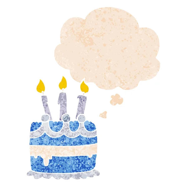 Pastel de cumpleaños de dibujos animados y burbuja de pensamiento en estilo texturizado retro — Vector de stock