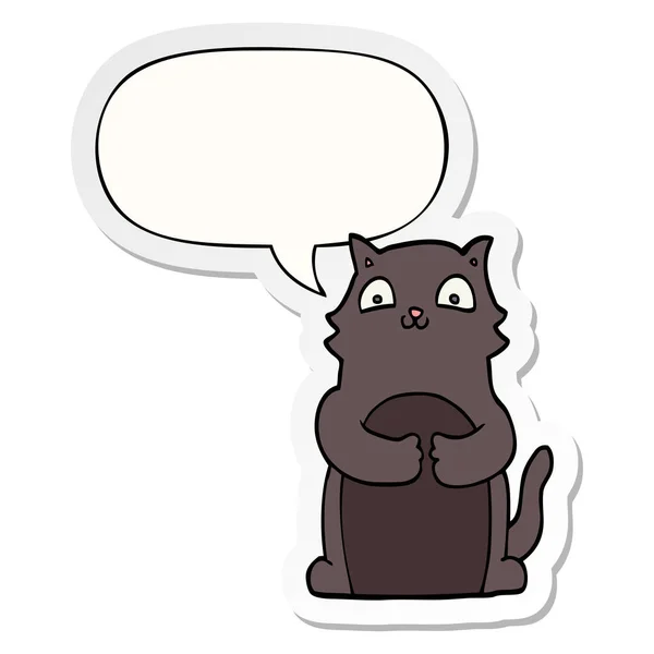 Karikatür kedi ve konuşma kabarcık etiket — Stok Vektör
