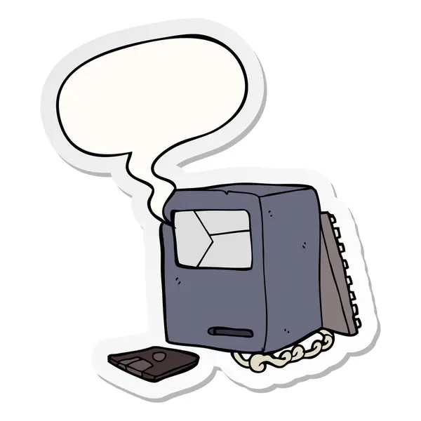 Dibujos animados roto ordenador viejo y la etiqueta engomada de la burbuja del habla — Archivo Imágenes Vectoriales