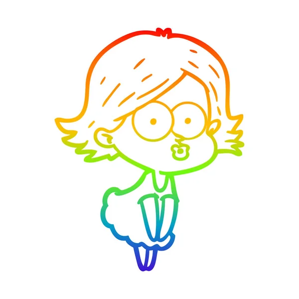 Rainbow gradient line drawing cartoon girl pouting — Stock Vector