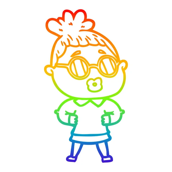 Rainbow Gradient Line Zeichnung Cartoon Frau mit Brille — Stockvektor