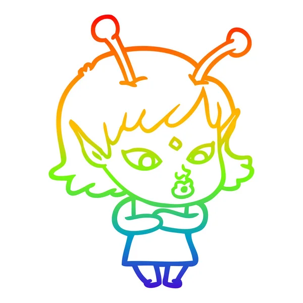 Regenboog gradiënt lijntekening pretty cartoon Alien Girl — Stockvector