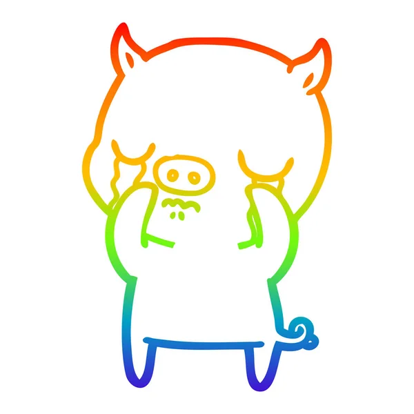 Rainbow gradient ligne dessin dessin dessin animé cochon pleurer — Image vectorielle