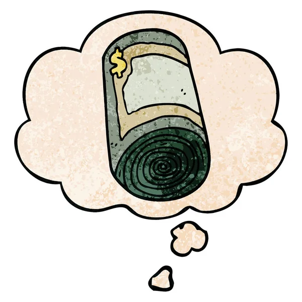 Cartone animato rotolo di denaro e bolla pensiero in grunge patte texture — Vettoriale Stock