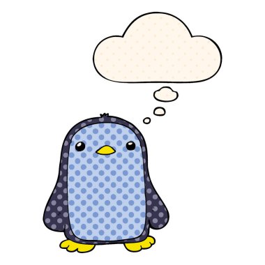 sevimli karikatür penguen ve çizgi roman tarzında kabarcık düşünce