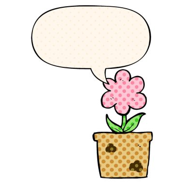 çizgi roman tarzında sevimli karikatür çiçek ve konuşma balonu