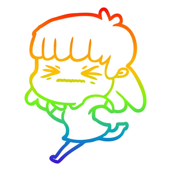 Rainbow gradient ligne dessin dessin animé fille en colère — Image vectorielle