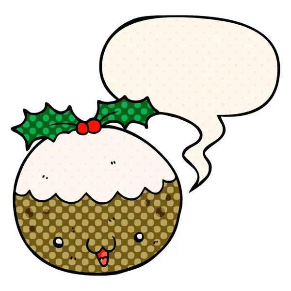 Cute cartoon christmas pudding and speech bubble in comic book s — Stock Vector