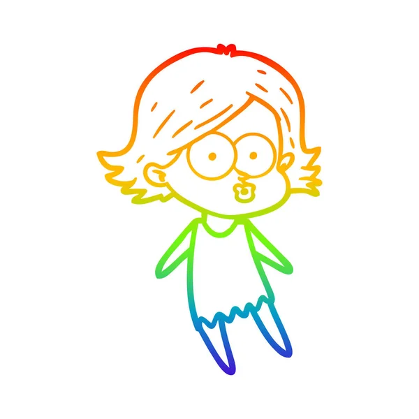 Rainbow gradient line drawing cartoon girl pouting — Stock Vector