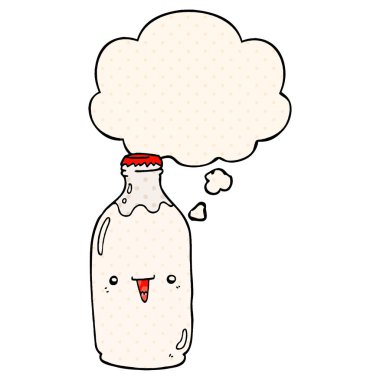 sevimli karikatür süt şişesi ve çizgi roman tarzında kabarcık düşünce