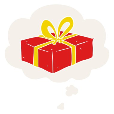 karikatür retro tarzında hediye ve düşünce balonu sarılmış