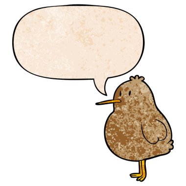 retro doku tarzında sevimli karikatür kivi kuş ve konuşma balonu