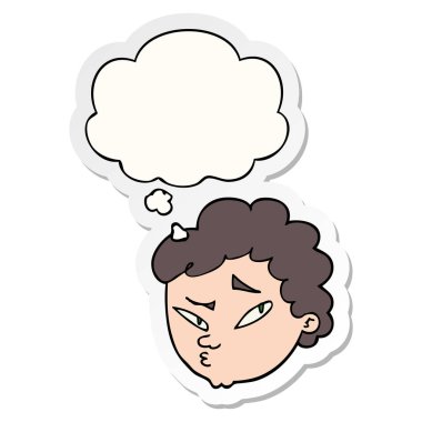 karikatür şüpheli adam ve basılı bir etiket olarak kabarcık düşünce