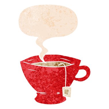retro dokulu tarzıçay ve konuşma balonu karikatür fincan