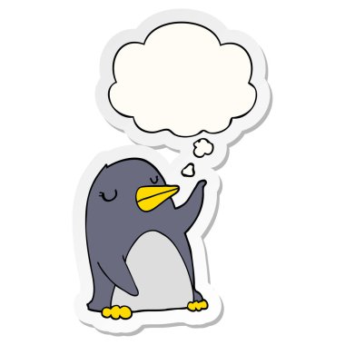 karikatür penguen ve baskılı bir etiket olarak kabarcık düşünce