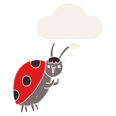 retro tarzında sevimli karikatür uğur böceği ve düşünce balonu