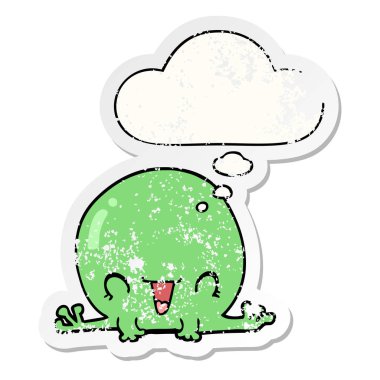 karikatür kurbağa ve sıkıntılı yıpranmış etiket olarak kabarcık düşünce