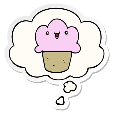 baskılı bir sticke olarak yüz ve düşünce balonu ile karikatür cupcake