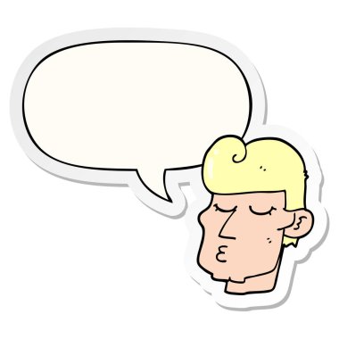 karikatür yakışıklı adam ve konuşma kabarcık etiket