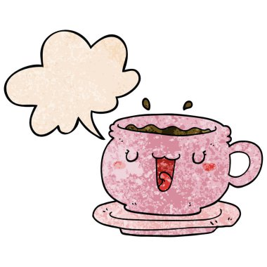 retro doku s sevimli karikatür fincan ve tabak ve konuşma balonu
