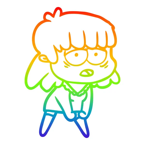 Rainbow gradient ligne dessin dessin dessin animé fatigué femme — Image vectorielle
