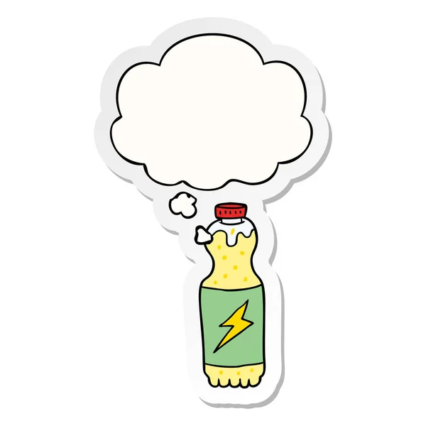 Garrafa de refrigerante de desenhos animados e bolha de pensamento como um adesivo impresso —  Vetores de Stock