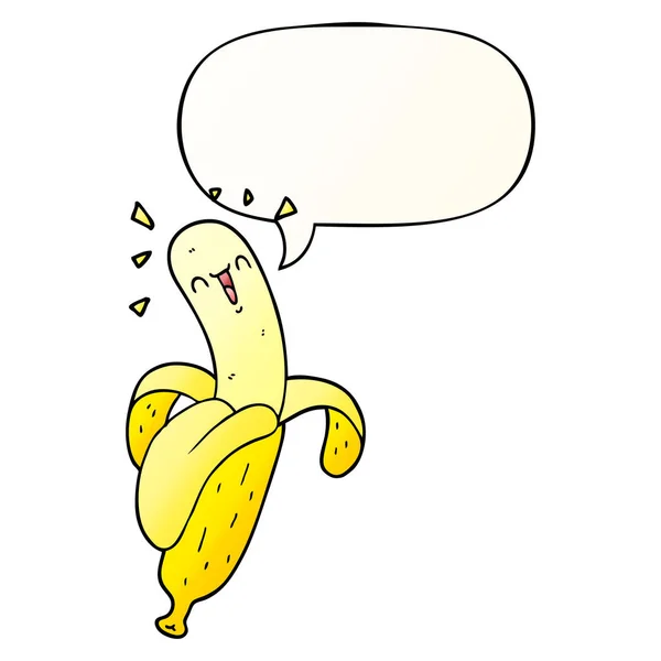 Banana de dibujos animados y burbuja del habla en estilo gradiente suave — Vector de stock