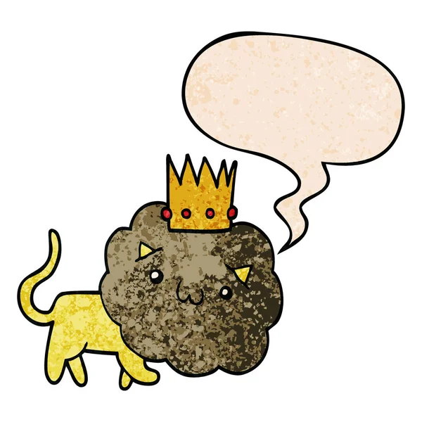 Cartoon Leeuw en kroon en toespraak bubble in retro textuur stijl — Stockvector