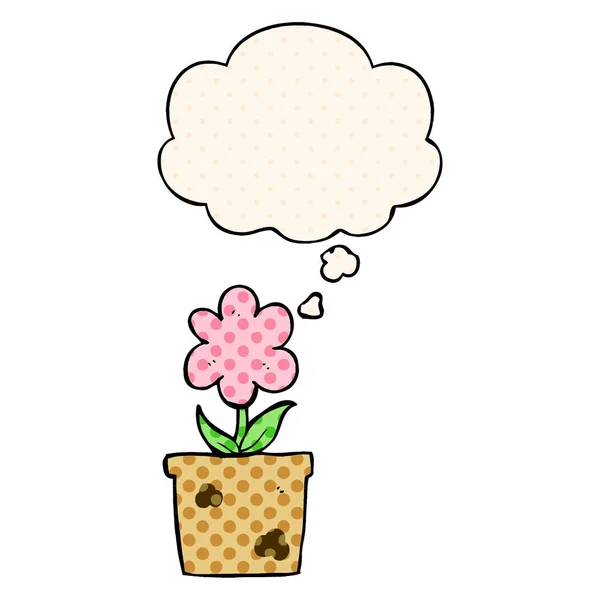 Cute cartoon flower and thought bubble in comic book style — Stock Vector