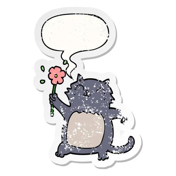 Cartoon cat and flower and speech bubble distressed sticker — Stock Vector